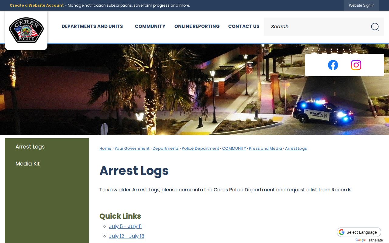 Ceres Police weekly adult arrest log index for busted arrest records