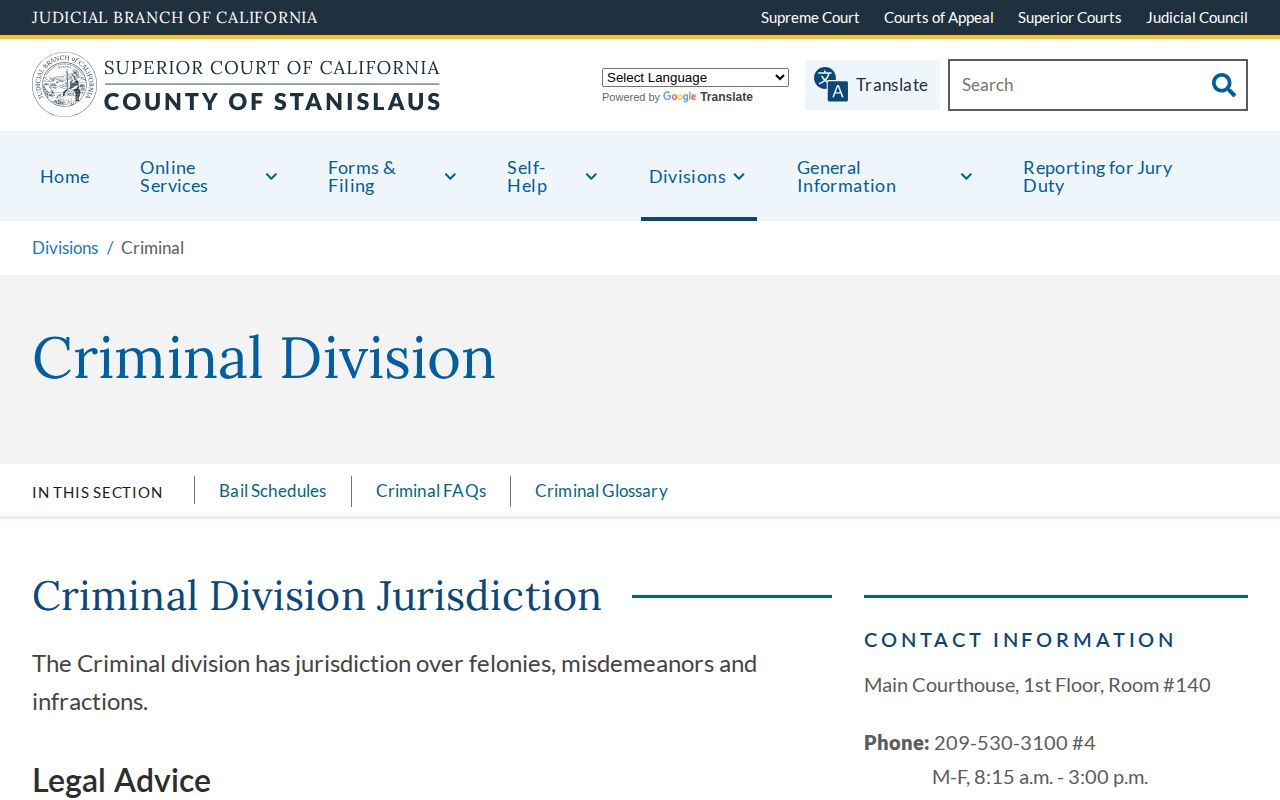 Stanislaus County Superior Court Criminal Division warrant research page