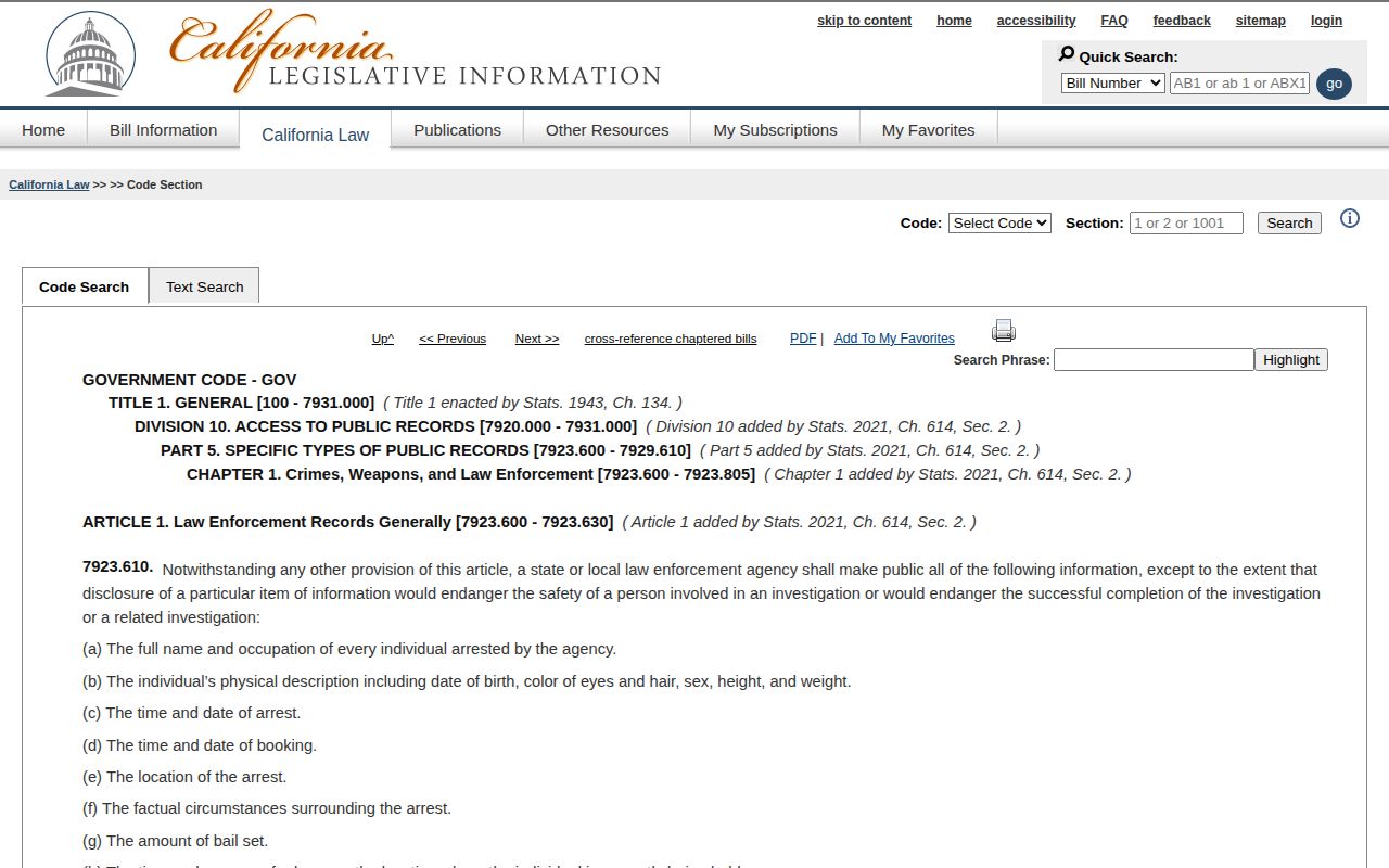 California public arrest record statute for Stanislaus County booking information