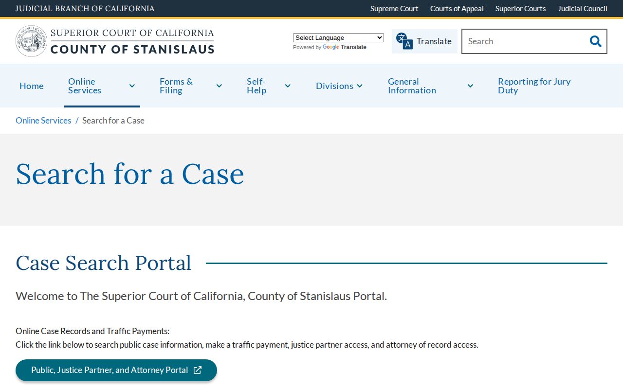 Stanislaus County Superior Court arrest case search landing