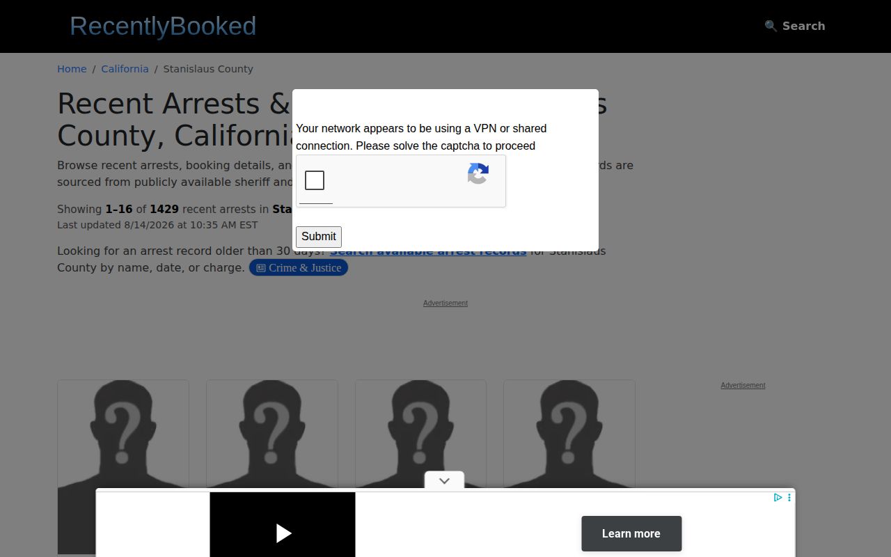 Unofficial Stanislaus County recent booking index landing page