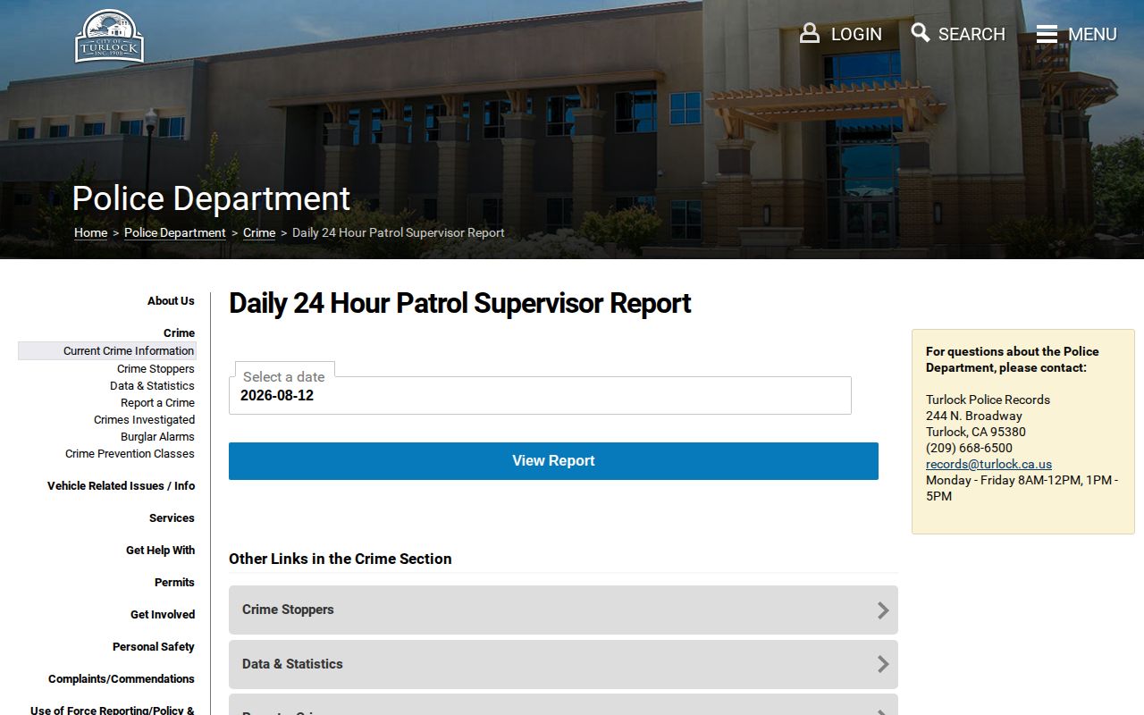 Turlock Police daily 24-hour arrest activity report selector