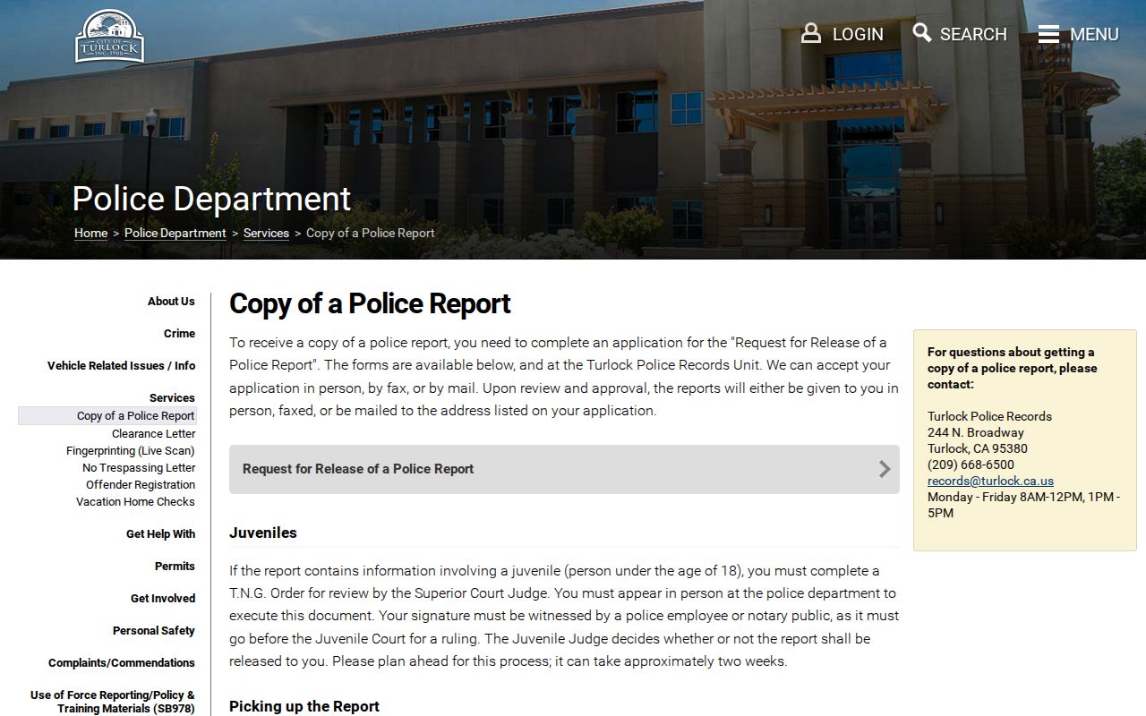 Turlock Police arrest report copy instructions and records access